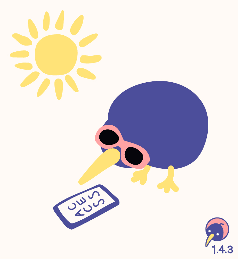 Kiwi wearing sunglasses and looking on a smartphone with the sun in the background