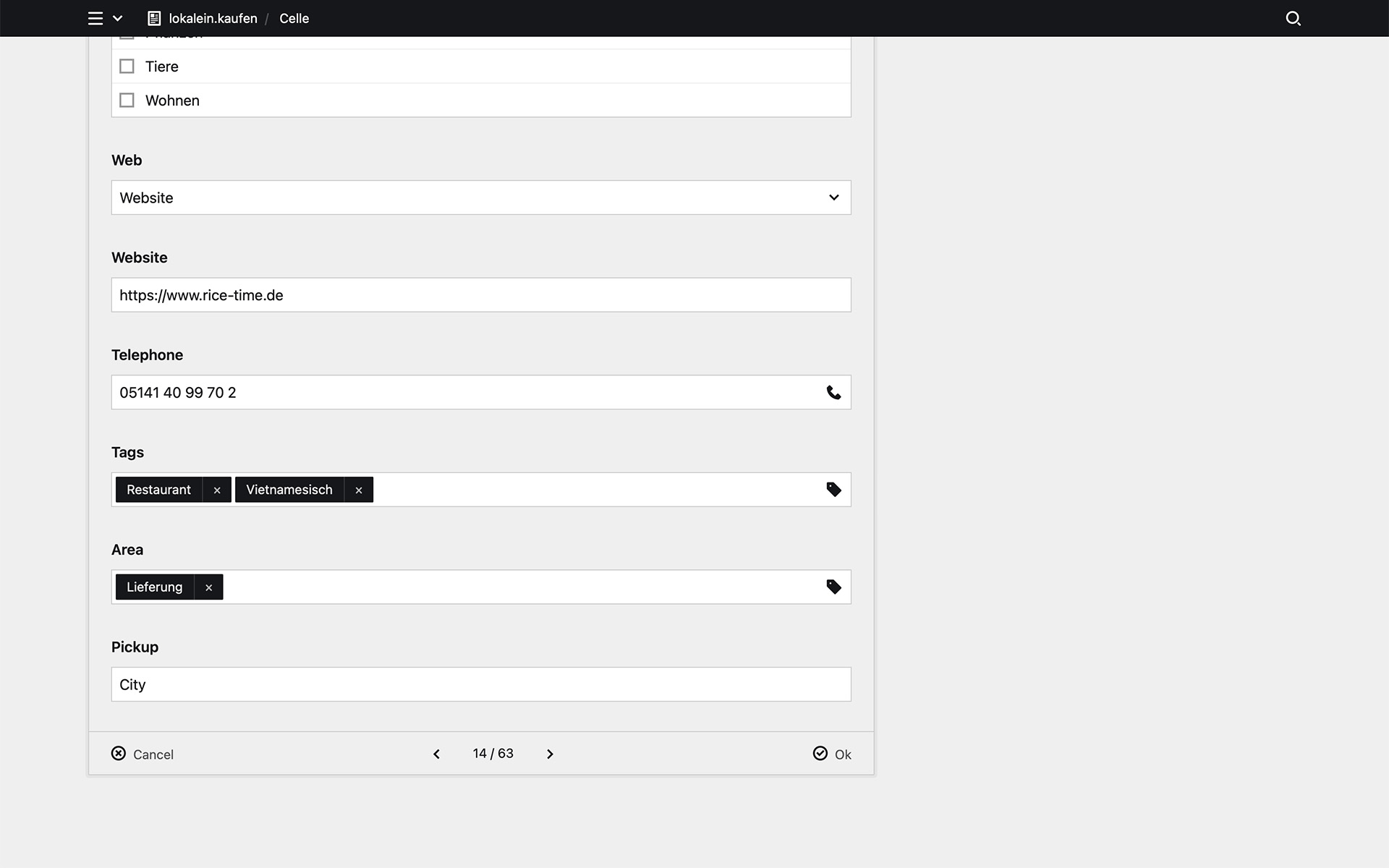 Backend with details of a business